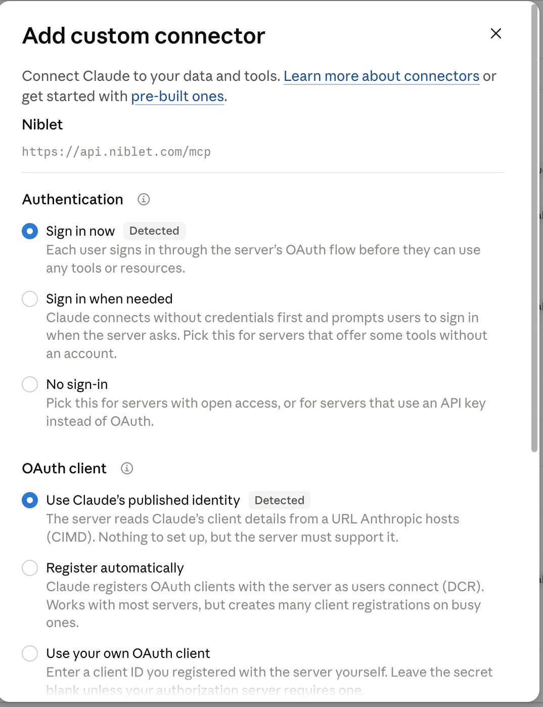 Claude’s Add custom connector dialog with the Niblet URL, “Sign in now” and “Use Claude’s published identity” both selected and marked Detected.