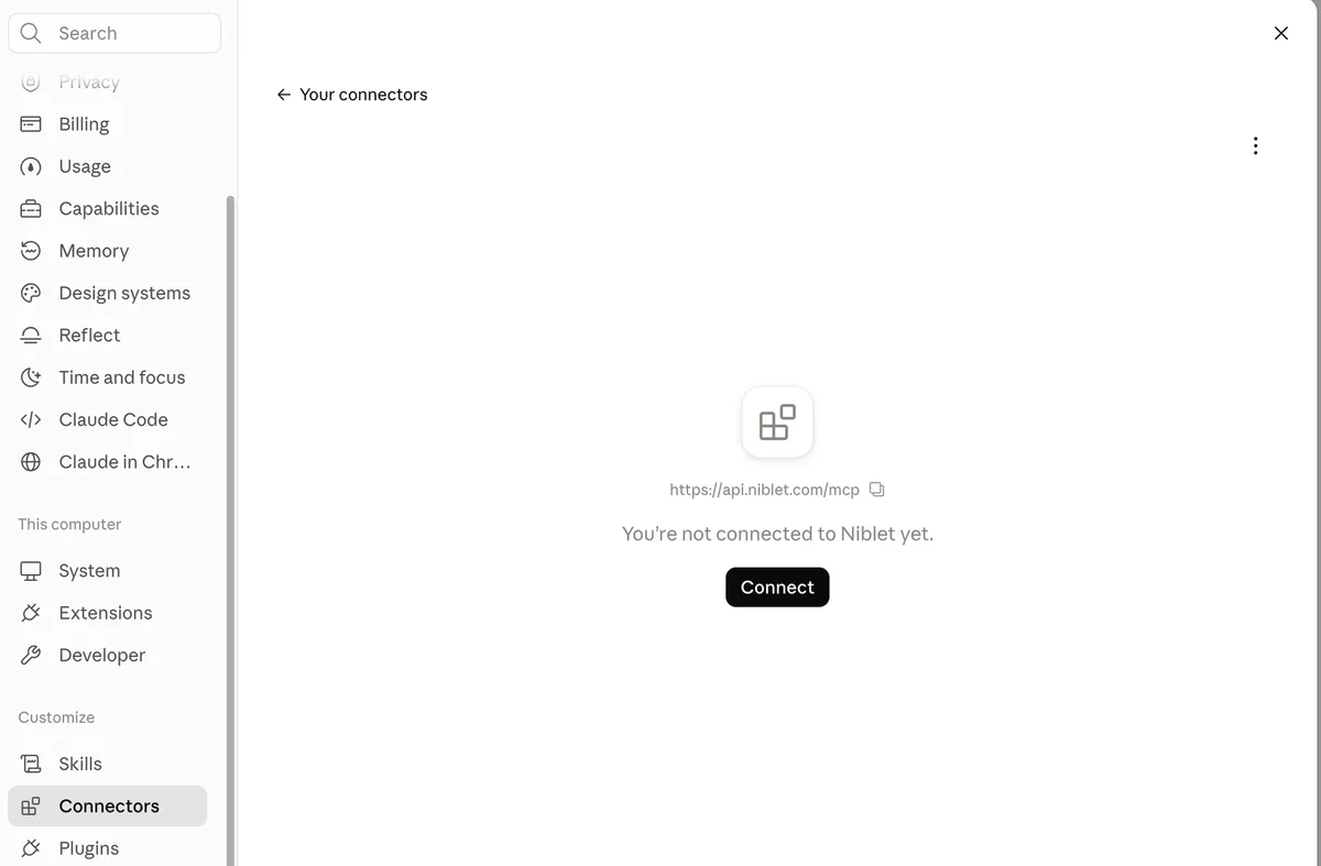 The Niblet connector page in Claude settings saying “You’re not connected to Niblet yet” with a Connect button.