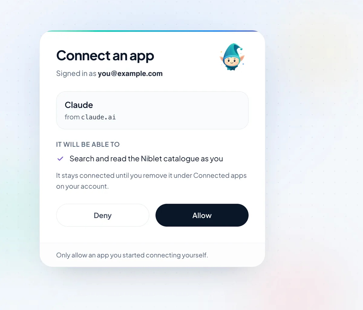Niblet’s consent page: Claude from claude.ai asks to search and read the Niblet catalogue as you, with Deny and Allow buttons.