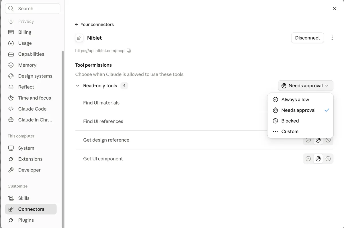 The connected Niblet connector in Claude, listing four read-only tools with the Always allow, Needs approval, and Blocked options.